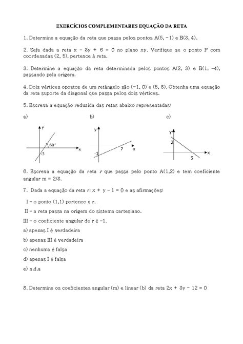 Equação Da Reta Exercicios - Lista De Exercícios De Equação Da Reta Pdf - FDPLEARN