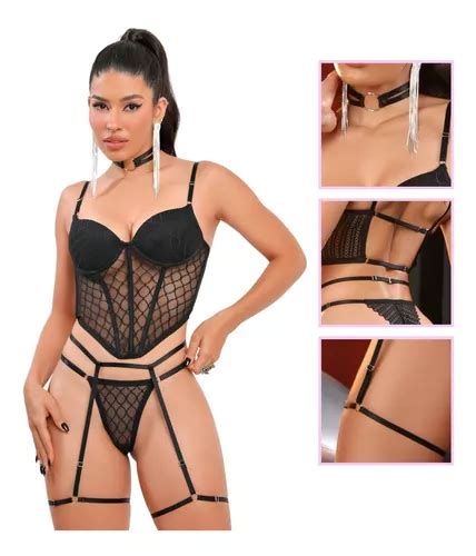 Conjunto Lingerie Sensual Sexy Corselet Renda Luxo 4 Peças