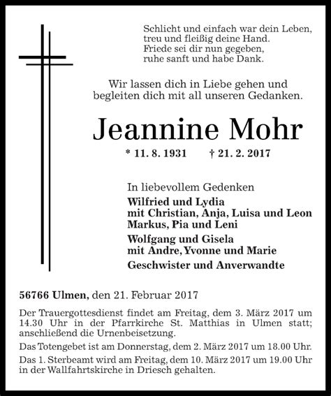 Traueranzeigen Von Jeannine Mohr Rz Trauer De