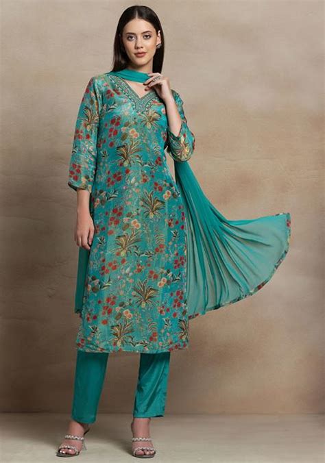 Buy Women Turquoise Floral Print Hand Embellished Organza Kurta Set With Pants And Dupatta