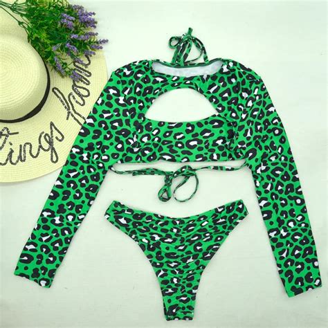 Verde Del Leopardo Costume Da Bagno Bikini Tre Pezzi Medio Vita