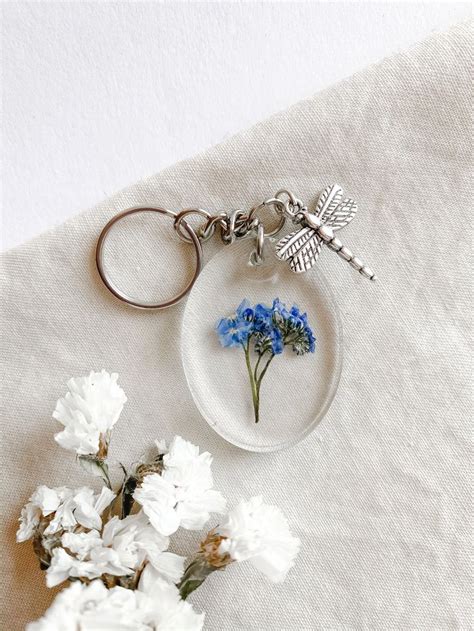 Pressed Flower Keychain Forget Me Not Flower Gift Purse Charm