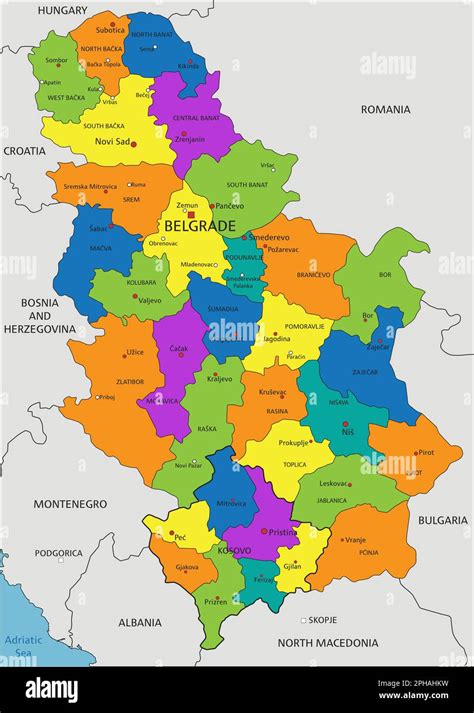 Colorido mapa político de Serbia con capas claramente etiquetadas y