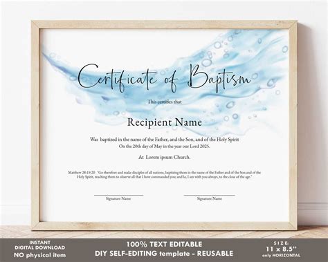 Editable Baptism Certificate Template Printable Minimalist Etsy