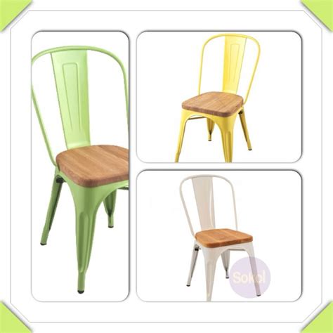 "Tolix chairs lime, yellow and white with timber top"