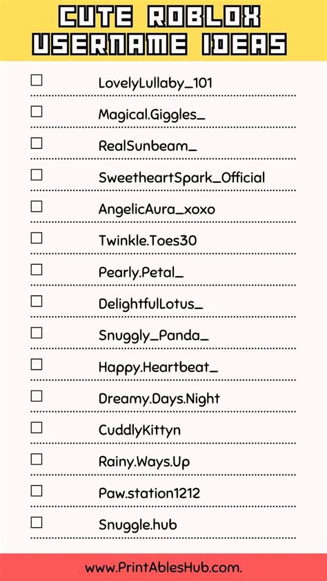 Printable List Of Roblox Username Ideas