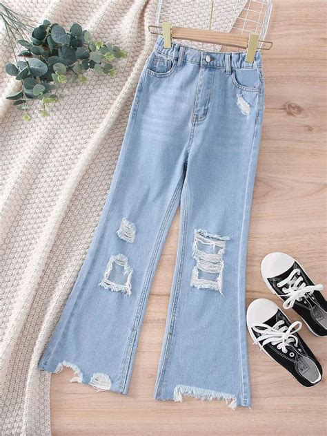 Light Wash Collar Denim Plain Flare Leg Embellished Non Stretch Girls