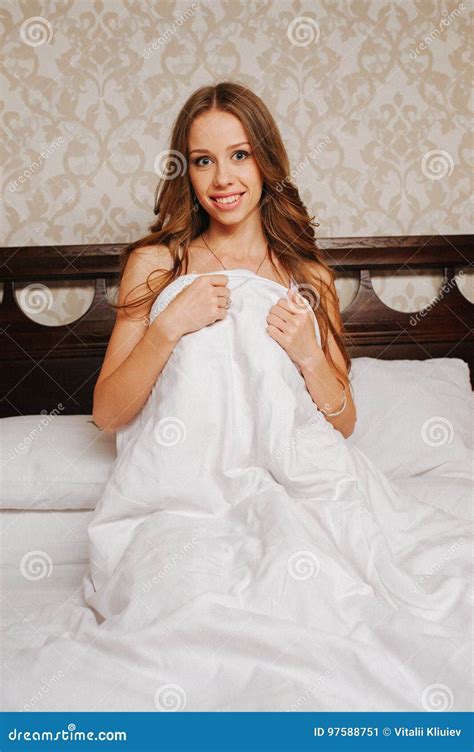 Naked Woman Covered By The Blanket On The Bed Stock Image Image Of