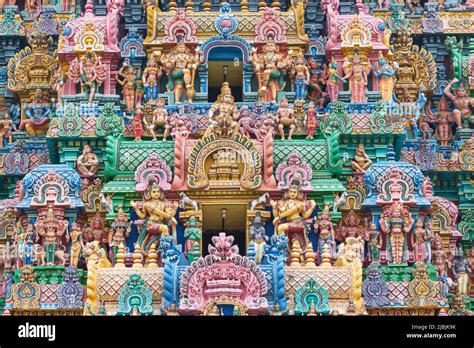 Colorful Sculptures Of Hindu God And Goddess On The Gopuram Of Sri