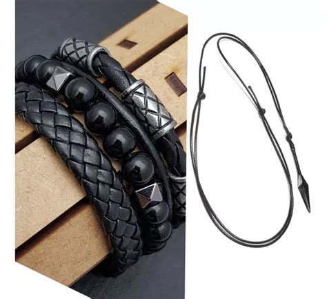 Pulseiras Bracelete Masculino Couro Kit C Colar Adaga