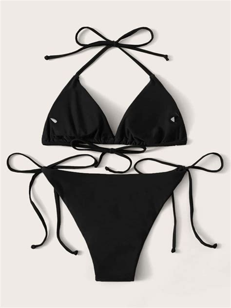 Shein Swim Basics Mono Bikini Set Halter Triangle Bra Top Tie Side