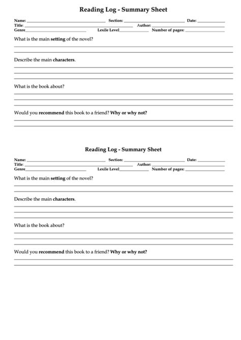 Reading Log Template Summary Sheet Printable Pdf Download