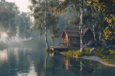 Premium Photo A Peaceful Lakeside Cabin Surrounded By Trees