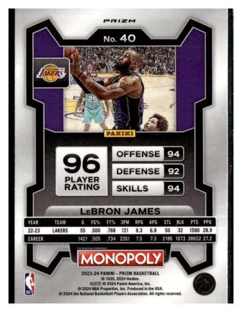 Panini Prizm Monopoly Lebron James Sp Viola Wave Prizm Ps La