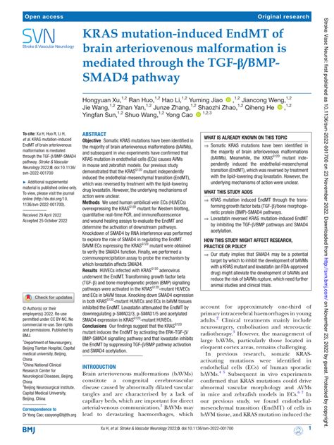 PDF KRAS Mutation Induced EndMT Of Brain Arteriovenous Malformation