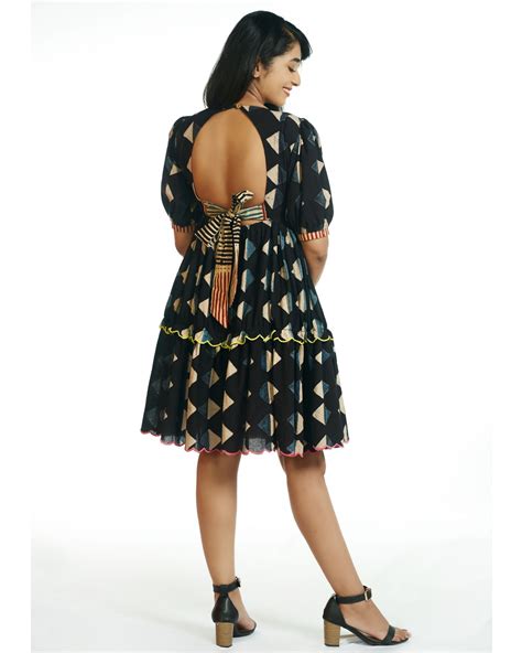 Black Diamond Printed Ajrakh Scallop Dress By Threeness The Secret Label