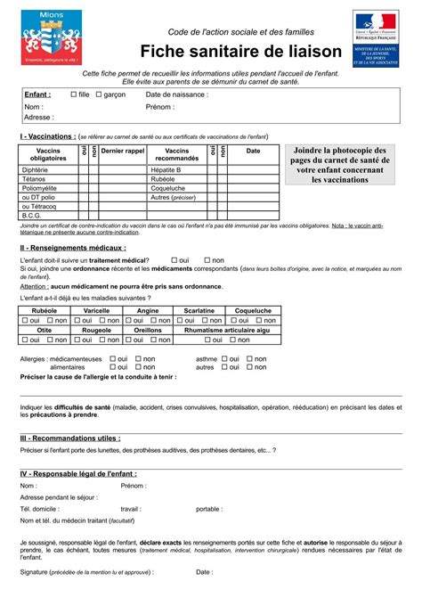 Fiche Sanitaire De Liaison