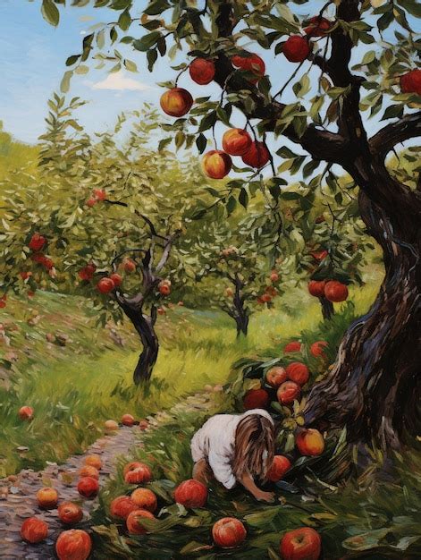 Premium AI Image Painting Of A Woman Picking Apples From A Tree In An