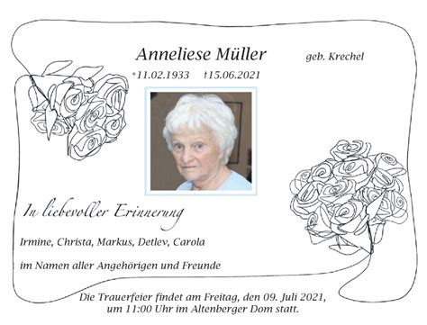 Traueranzeigen von Anneliese Müller rz trauer de