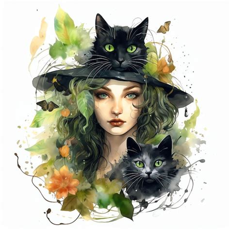 Linda ilustração de clipart mágico verde gato preto Foto Premium