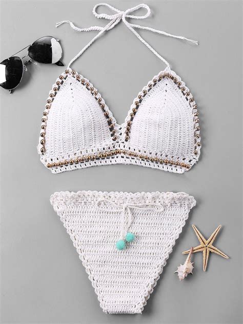 72 OFF String Beading Halter Knit Bikini Set Rosegal