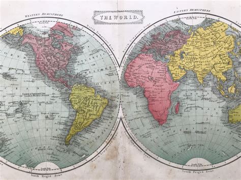 1863 The World Original Antique Map World In Hemispheres Etsy