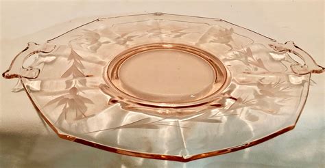 Vintage Blush Pink Depression Glass Cake Serving Plate With Etched