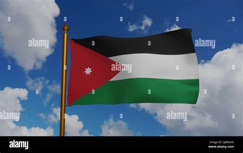 National flag of Jordan waving 3D Render with flagpole and blue sky ...