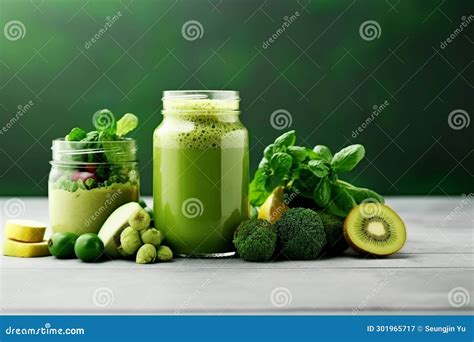 Glass Jar Mugs With Green Health Smoothie Kale Leaves Lime Apple