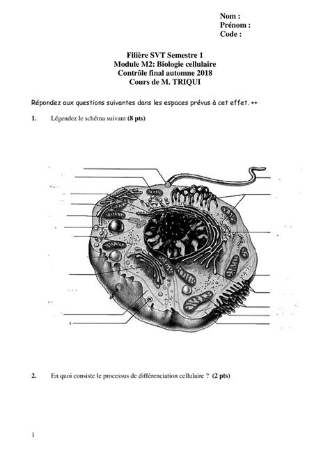 Controle Final Biologie Cellulaire Fili Re Svt Semestre