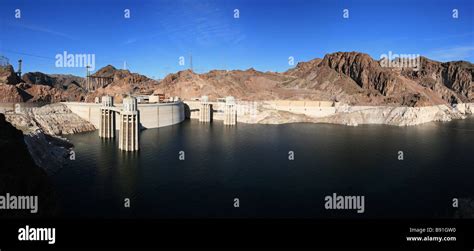 panorama of Hoover Dam and Lake Mead showing the low water level and ...