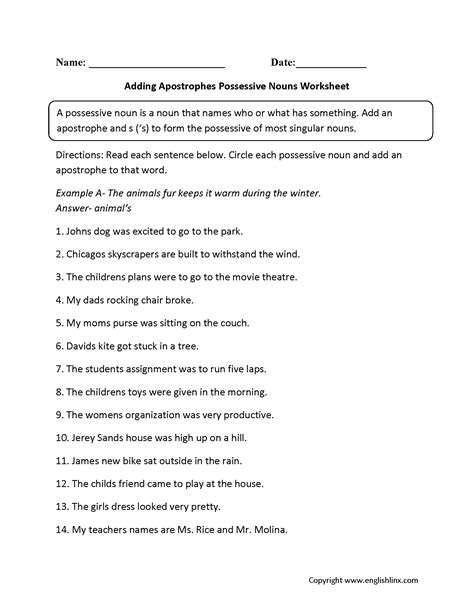 Nouns Worksheets Possessive Nouns Worksheets