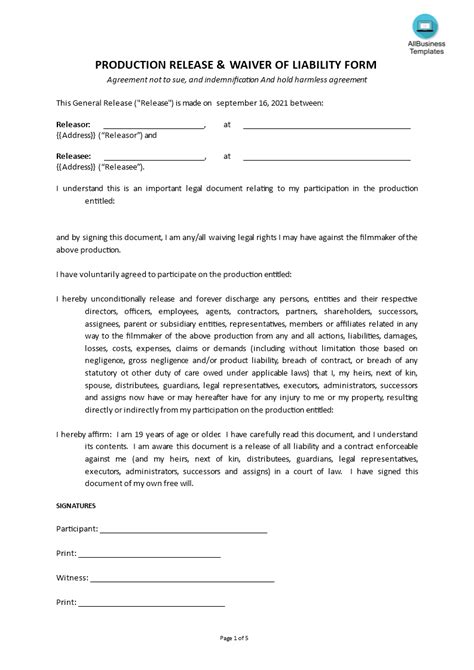 Release Of Liability Waiver Form Allbusinesstemplates