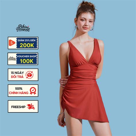 Đồ bơi Nữ BIKINI PASSPORT kiểu một mảnh cổ V váy xòe Đỏ BS RD Shopee Việt Nam