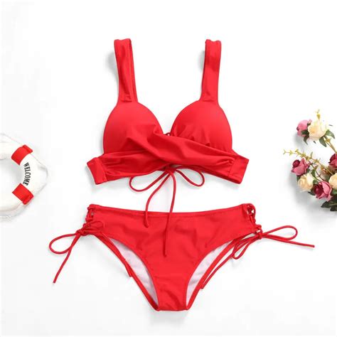 Solid Red Big Cup Bra Push Ups Swimwear Tied Side Bottoms Bikini SET Twist Swimsuit Beach Suit