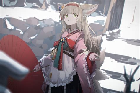 壁纸 动漫女孩 Arknights Fox Ears 雨伞 雪 抬头看 狐狸女孩 狐尾 常设 和服 2400x1600