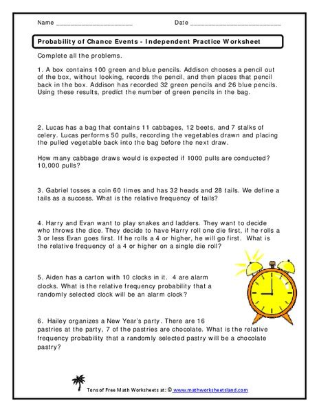 Probability of Chance Events - Independent Practice Worksheet Worksheet for 6th - 8th Grade ...