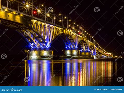 Saratov Night Bridge in Bright Lights Stock Image - Image of landscape ...