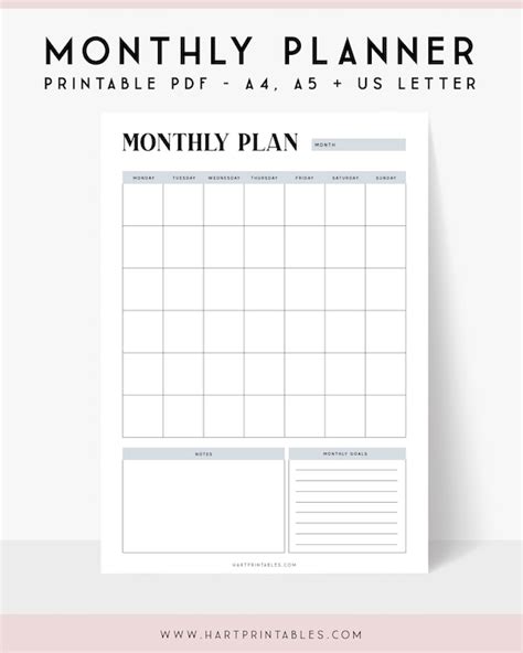 Monthly Planner Chart Printable Calendar A4 Month Plan 8x10 Etsy