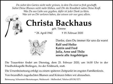 Traueranzeigen Von Christa Backhaus Trauer Anzeigen De