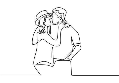 Continuous One Line Drawing Loving Couple Woman And Man In Love