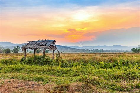 Beautiful Sunset At Countryside Agriculture Dry Field Stock Image