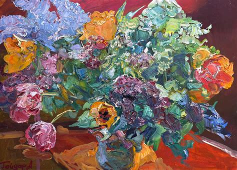 Red still life with flowers Painting by Andrii Haidar