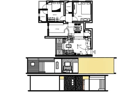 Modern house top view plan and sections - Cadbull