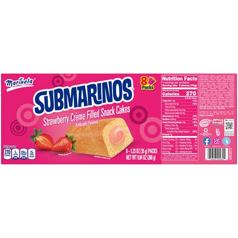 Marinela Submarinos Fresa, Strawberry Crème Filled Snack Cakes, 8 count ...