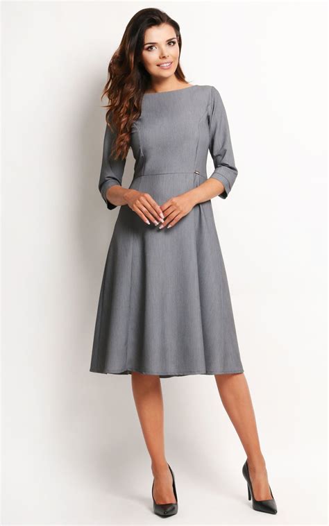 Grey 34 Sleeve Flare Dress Awama Silkfred Us Fit And Flare Dress Classic Midi Dress