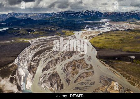 Aerial View Tungna Braided River Rhyolite Mountains Landmannalaugar