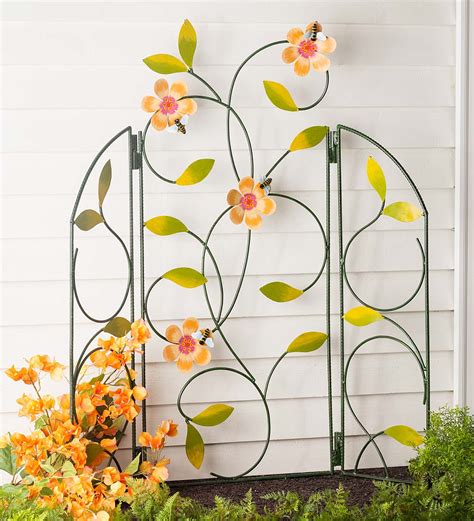 Three Panel Folding Metal Flower And Vines Trellis Garden Screens And Trellises Landscaping