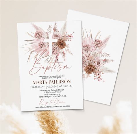 Editable Pampas Grass Baptism Invitation Girl Bohemian Etsy