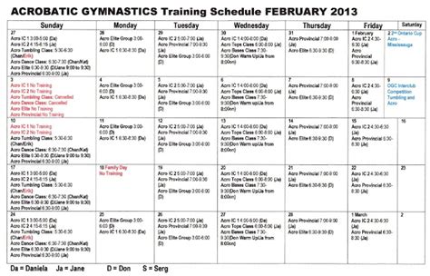 Oakville Gymnastics Club Acrobatic Gymnastics Team February Schedule